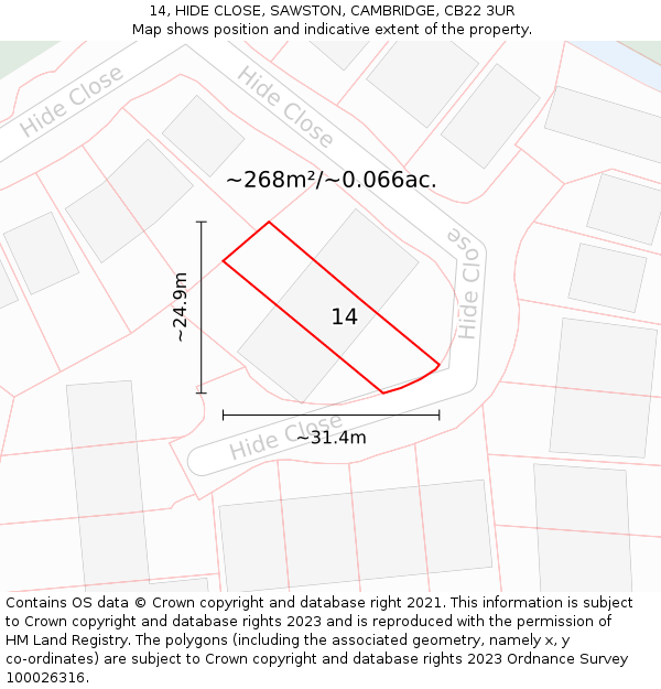 14, HIDE CLOSE, SAWSTON, CAMBRIDGE, CB22 3UR: Plot and title map