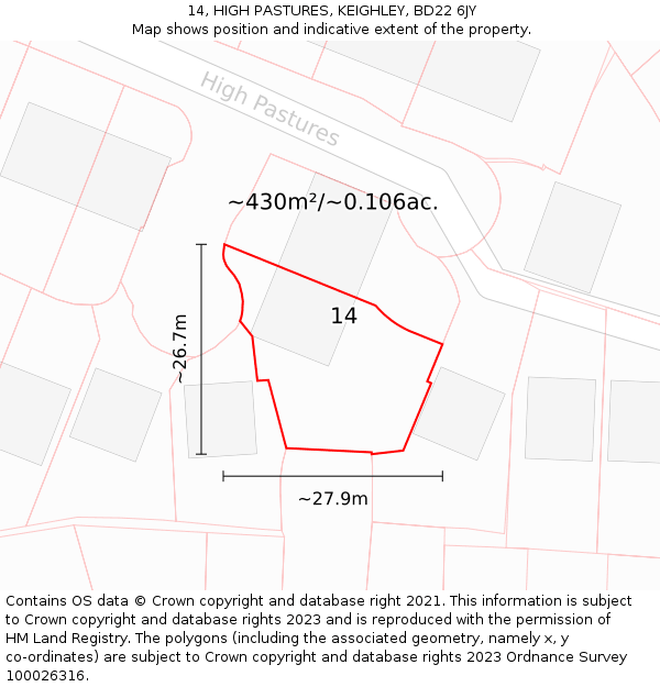 14, HIGH PASTURES, KEIGHLEY, BD22 6JY: Plot and title map