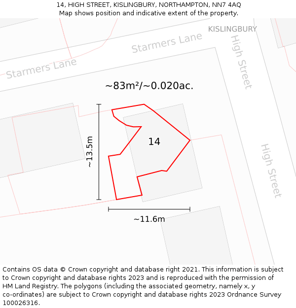 14, HIGH STREET, KISLINGBURY, NORTHAMPTON, NN7 4AQ: Plot and title map