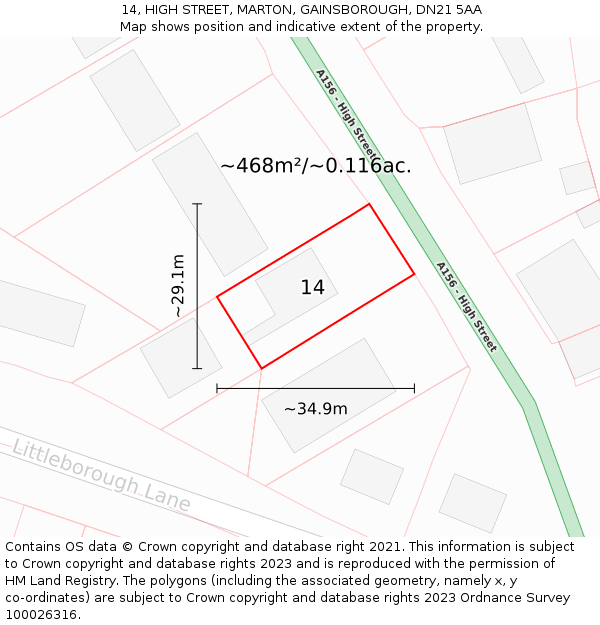 14, HIGH STREET, MARTON, GAINSBOROUGH, DN21 5AA: Plot and title map