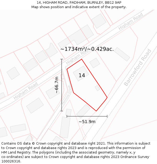 14, HIGHAM ROAD, PADIHAM, BURNLEY, BB12 9AP: Plot and title map
