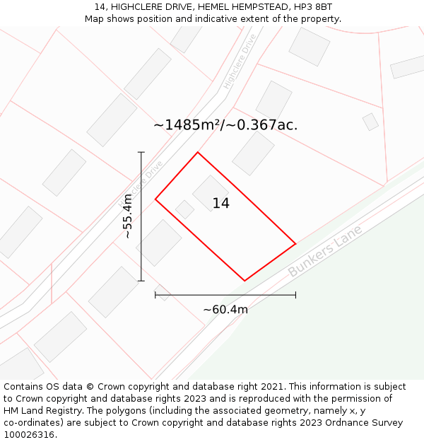 14, HIGHCLERE DRIVE, HEMEL HEMPSTEAD, HP3 8BT: Plot and title map