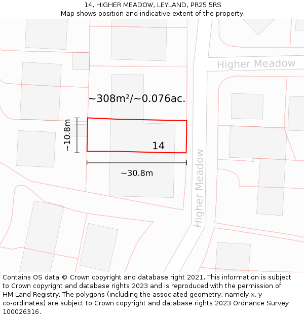 14, HIGHER MEADOW, LEYLAND, PR25 5RS: Plot and title map