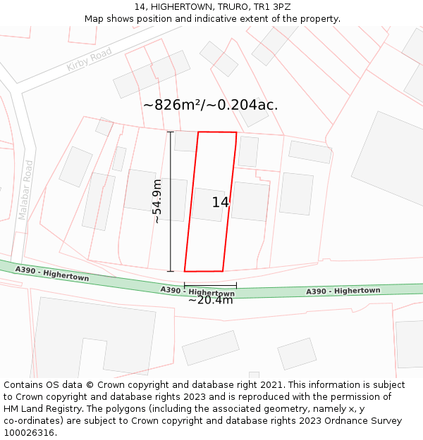 14, HIGHERTOWN, TRURO, TR1 3PZ: Plot and title map