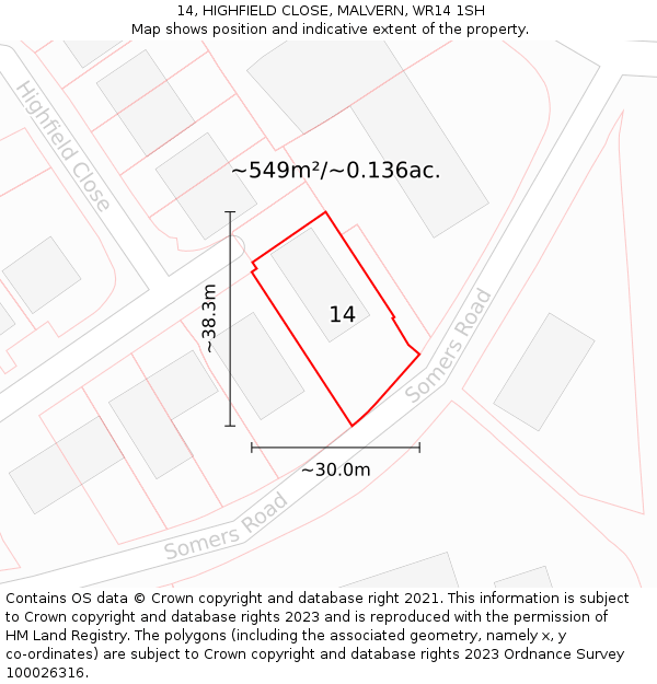 14, HIGHFIELD CLOSE, MALVERN, WR14 1SH: Plot and title map