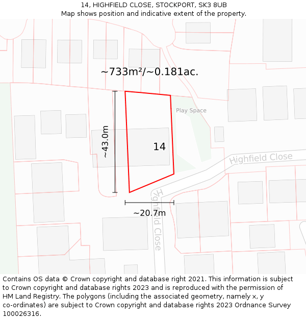 14, HIGHFIELD CLOSE, STOCKPORT, SK3 8UB: Plot and title map