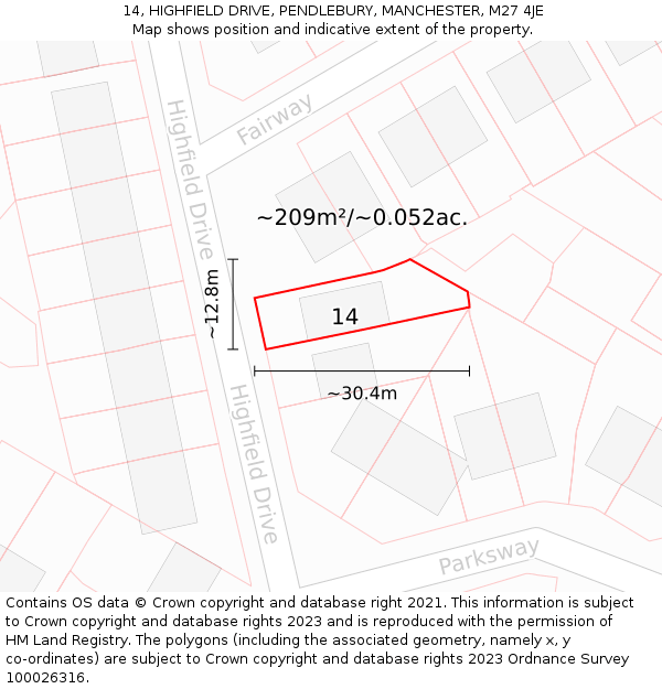 14, HIGHFIELD DRIVE, PENDLEBURY, MANCHESTER, M27 4JE: Plot and title map