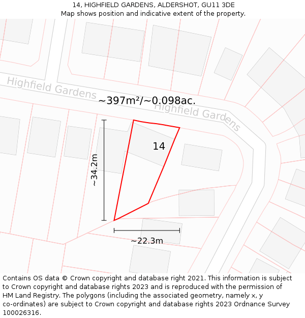 14, HIGHFIELD GARDENS, ALDERSHOT, GU11 3DE: Plot and title map