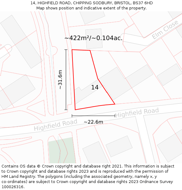 14, HIGHFIELD ROAD, CHIPPING SODBURY, BRISTOL, BS37 6HD: Plot and title map