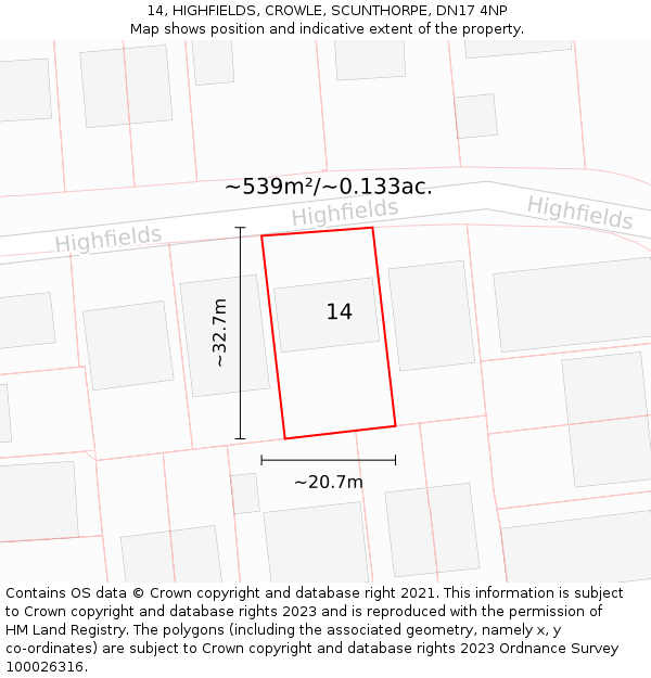 14, HIGHFIELDS, CROWLE, SCUNTHORPE, DN17 4NP: Plot and title map