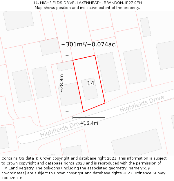 14, HIGHFIELDS DRIVE, LAKENHEATH, BRANDON, IP27 9EH: Plot and title map