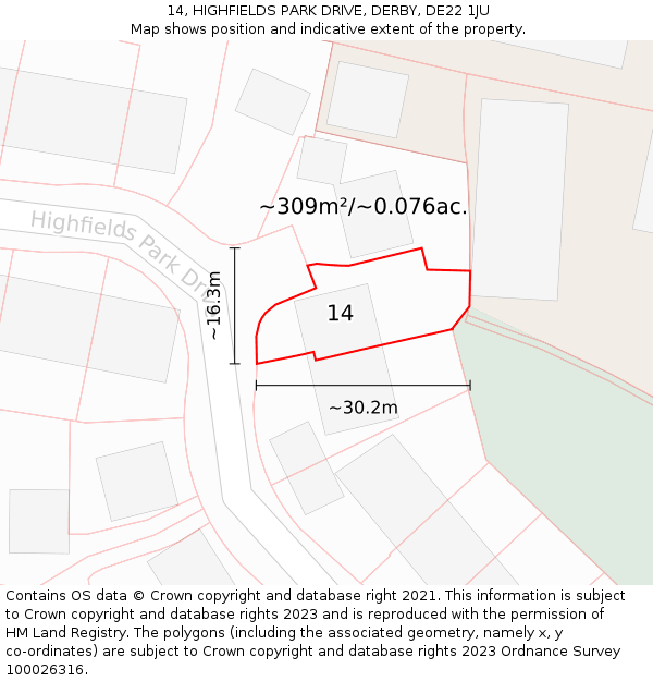 14, HIGHFIELDS PARK DRIVE, DERBY, DE22 1JU: Plot and title map