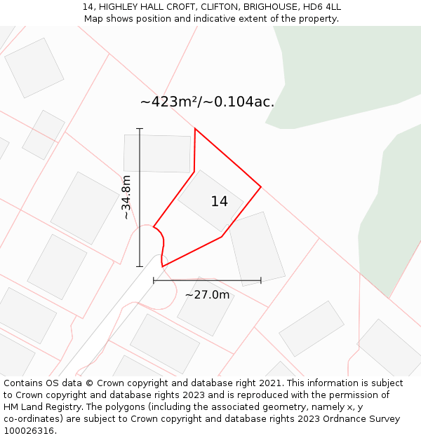 14, HIGHLEY HALL CROFT, CLIFTON, BRIGHOUSE, HD6 4LL: Plot and title map