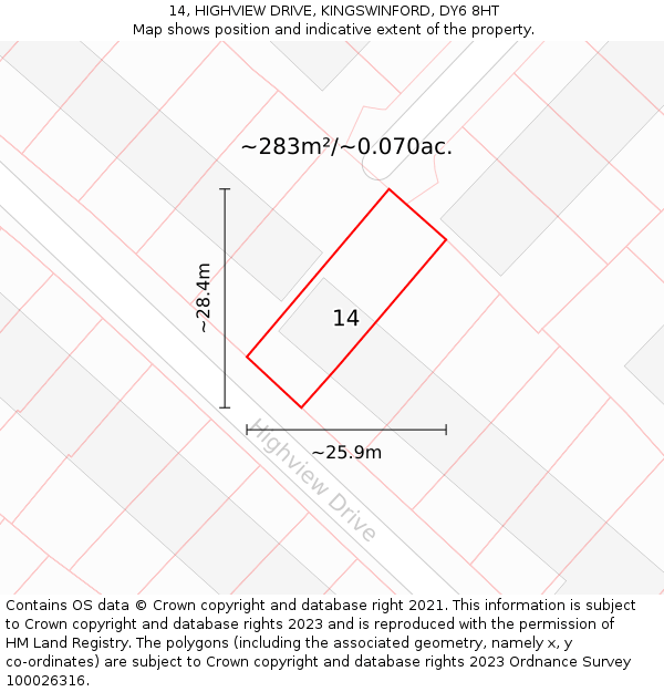 14, HIGHVIEW DRIVE, KINGSWINFORD, DY6 8HT: Plot and title map