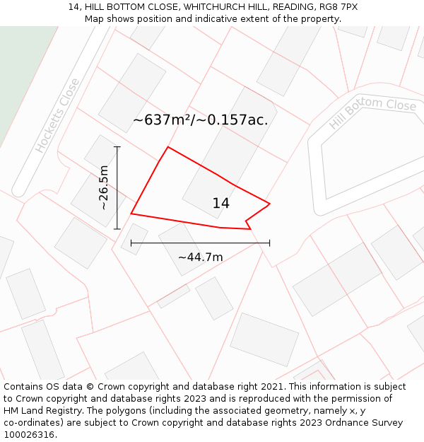 14, HILL BOTTOM CLOSE, WHITCHURCH HILL, READING, RG8 7PX: Plot and title map