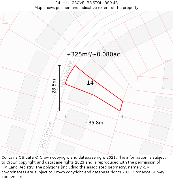 14, HILL GROVE, BRISTOL, BS9 4RJ: Plot and title map