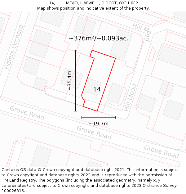 14, HILL MEAD, HARWELL, DIDCOT, OX11 0FP: Plot and title map