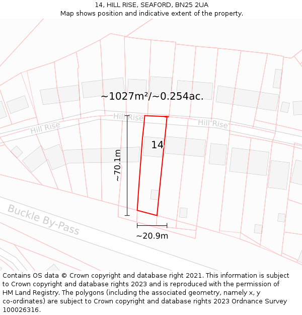 14, HILL RISE, SEAFORD, BN25 2UA: Plot and title map