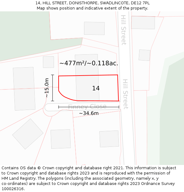 14, HILL STREET, DONISTHORPE, SWADLINCOTE, DE12 7PL: Plot and title map