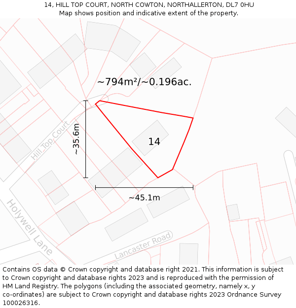 14, HILL TOP COURT, NORTH COWTON, NORTHALLERTON, DL7 0HU: Plot and title map