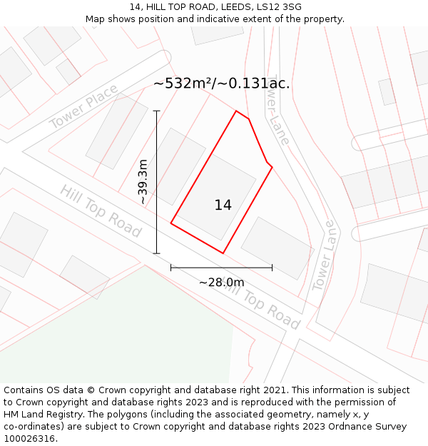 14, HILL TOP ROAD, LEEDS, LS12 3SG: Plot and title map