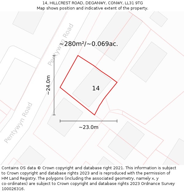 14, HILLCREST ROAD, DEGANWY, CONWY, LL31 9TG: Plot and title map