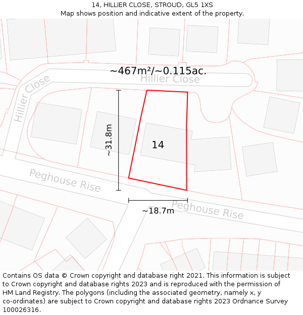 14, HILLIER CLOSE, STROUD, GL5 1XS: Plot and title map