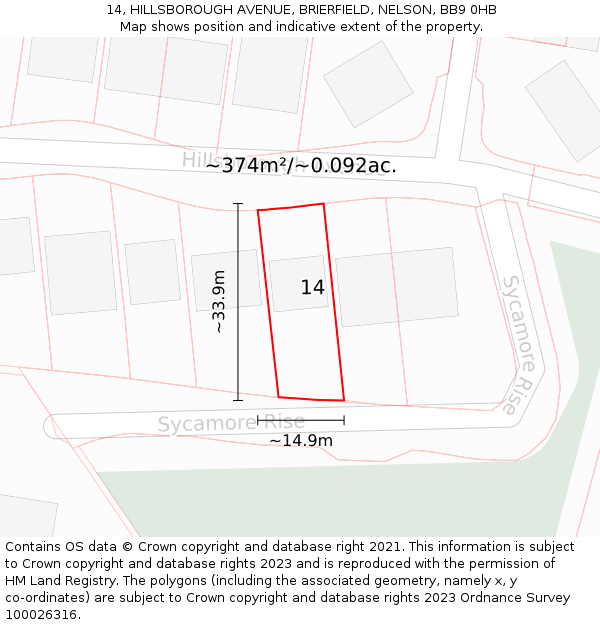 14, HILLSBOROUGH AVENUE, BRIERFIELD, NELSON, BB9 0HB: Plot and title map