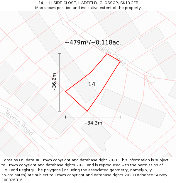 14, HILLSIDE CLOSE, HADFIELD, GLOSSOP, SK13 2EB: Plot and title map