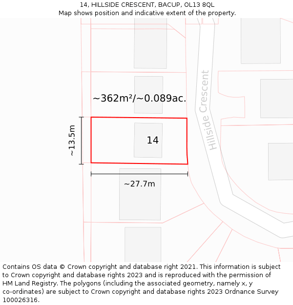 14, HILLSIDE CRESCENT, BACUP, OL13 8QL: Plot and title map