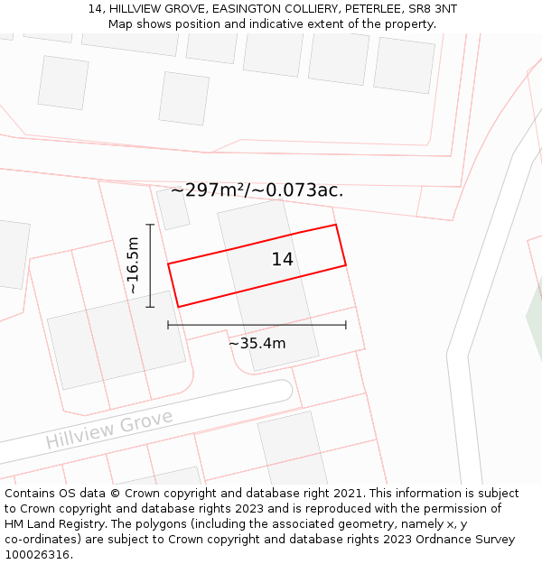 14, HILLVIEW GROVE, EASINGTON COLLIERY, PETERLEE, SR8 3NT: Plot and title map