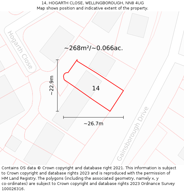 14, HOGARTH CLOSE, WELLINGBOROUGH, NN8 4UG: Plot and title map