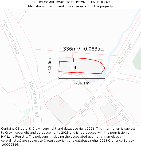 14, HOLCOMBE ROAD, TOTTINGTON, BURY, BL8 4AR: Plot and title map