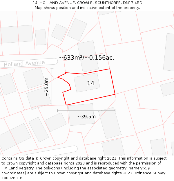 14, HOLLAND AVENUE, CROWLE, SCUNTHORPE, DN17 4BD: Plot and title map