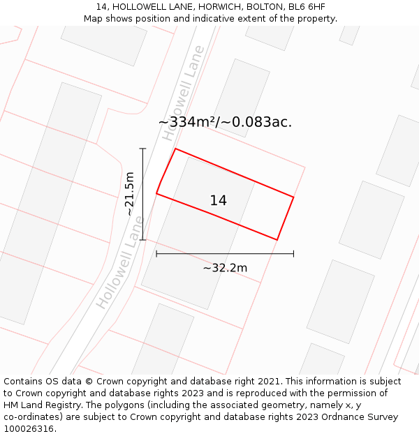 14, HOLLOWELL LANE, HORWICH, BOLTON, BL6 6HF: Plot and title map