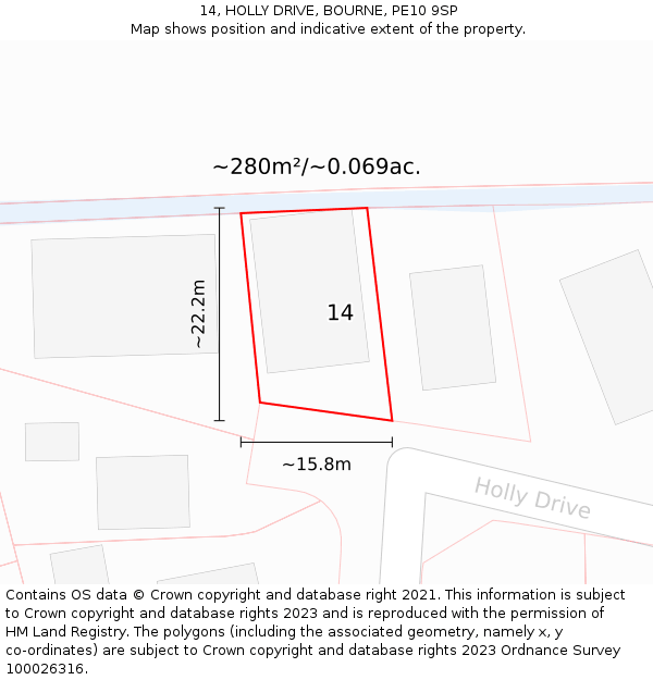 14, HOLLY DRIVE, BOURNE, PE10 9SP: Plot and title map