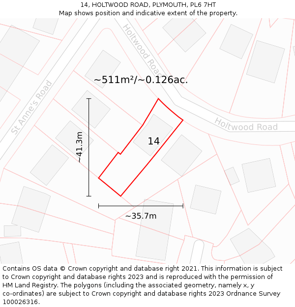14, HOLTWOOD ROAD, PLYMOUTH, PL6 7HT: Plot and title map