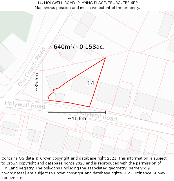 14, HOLYWELL ROAD, PLAYING PLACE, TRURO, TR3 6EP: Plot and title map