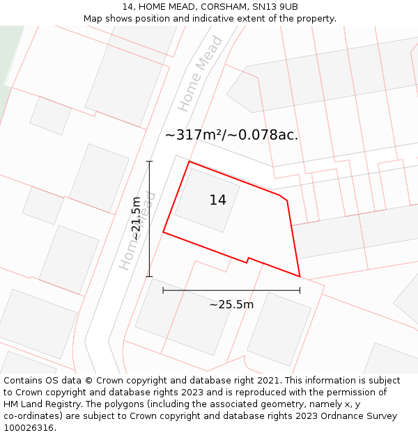 14, HOME MEAD, CORSHAM, SN13 9UB: Plot and title map