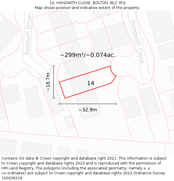14, HONDWITH CLOSE, BOLTON, BL2 3FQ: Plot and title map