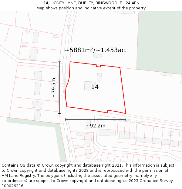 14, HONEY LANE, BURLEY, RINGWOOD, BH24 4EN: Plot and title map