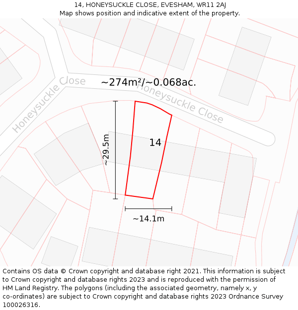 14, HONEYSUCKLE CLOSE, EVESHAM, WR11 2AJ: Plot and title map