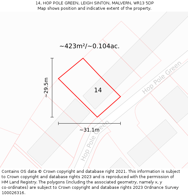 14, HOP POLE GREEN, LEIGH SINTON, MALVERN, WR13 5DP: Plot and title map