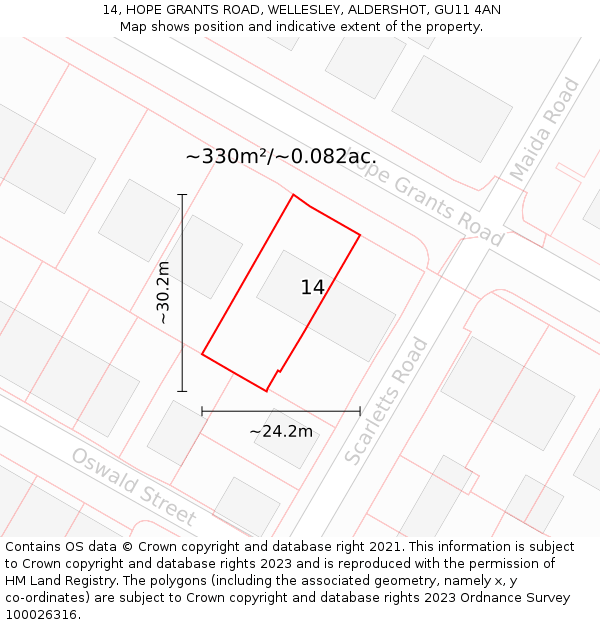 14, HOPE GRANTS ROAD, WELLESLEY, ALDERSHOT, GU11 4AN: Plot and title map