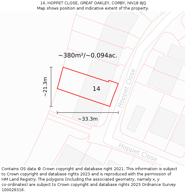 14, HOPPET CLOSE, GREAT OAKLEY, CORBY, NN18 8JQ: Plot and title map