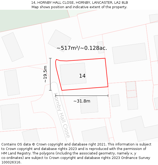 14, HORNBY HALL CLOSE, HORNBY, LANCASTER, LA2 8LB: Plot and title map