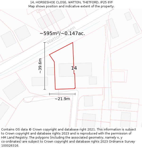 14, HORSESHOE CLOSE, WATTON, THETFORD, IP25 6YF: Plot and title map