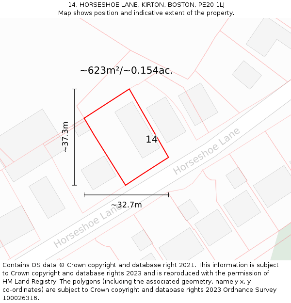 14, HORSESHOE LANE, KIRTON, BOSTON, PE20 1LJ: Plot and title map