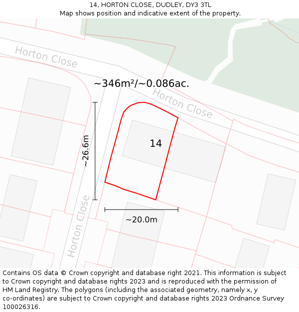 14, HORTON CLOSE, DUDLEY, DY3 3TL: Plot and title map