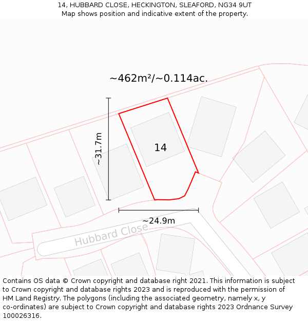 14, HUBBARD CLOSE, HECKINGTON, SLEAFORD, NG34 9UT: Plot and title map